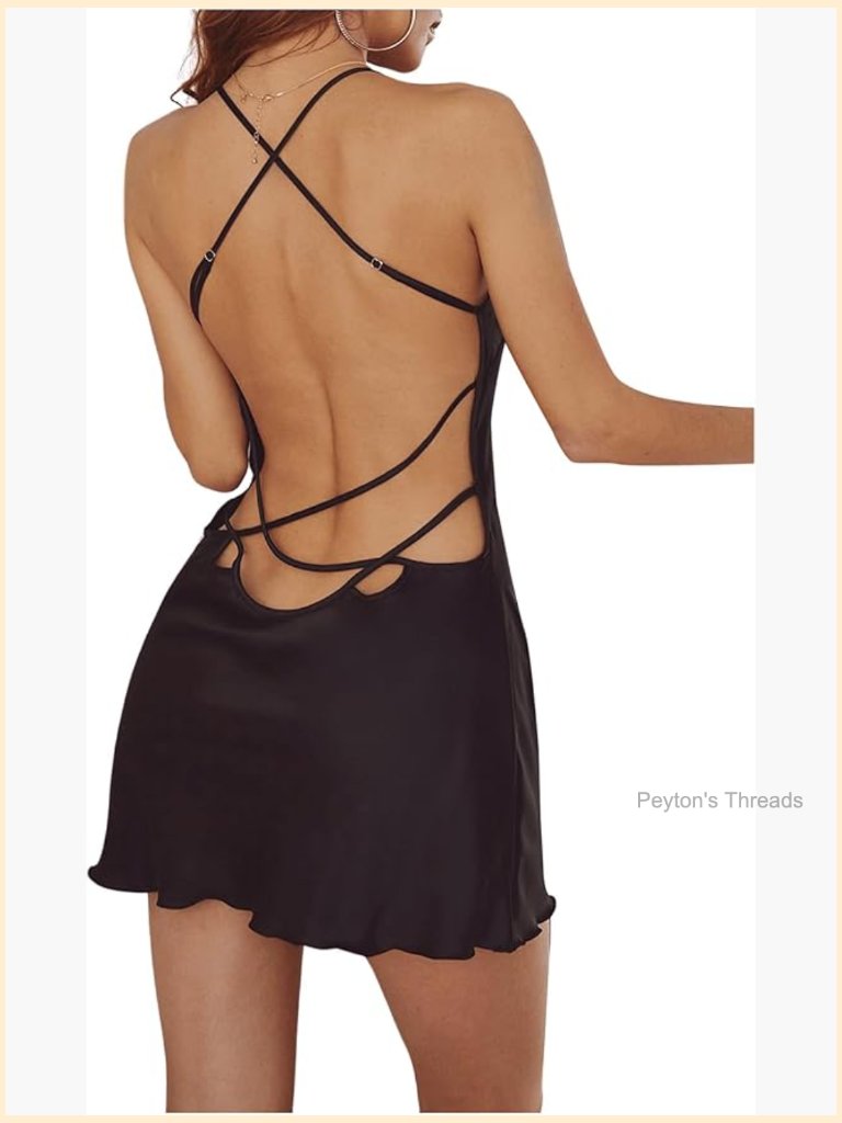 Silk Nightgown Spaghetti Strap Backless Criss Cross Satin Slip Mini Sleep Dress